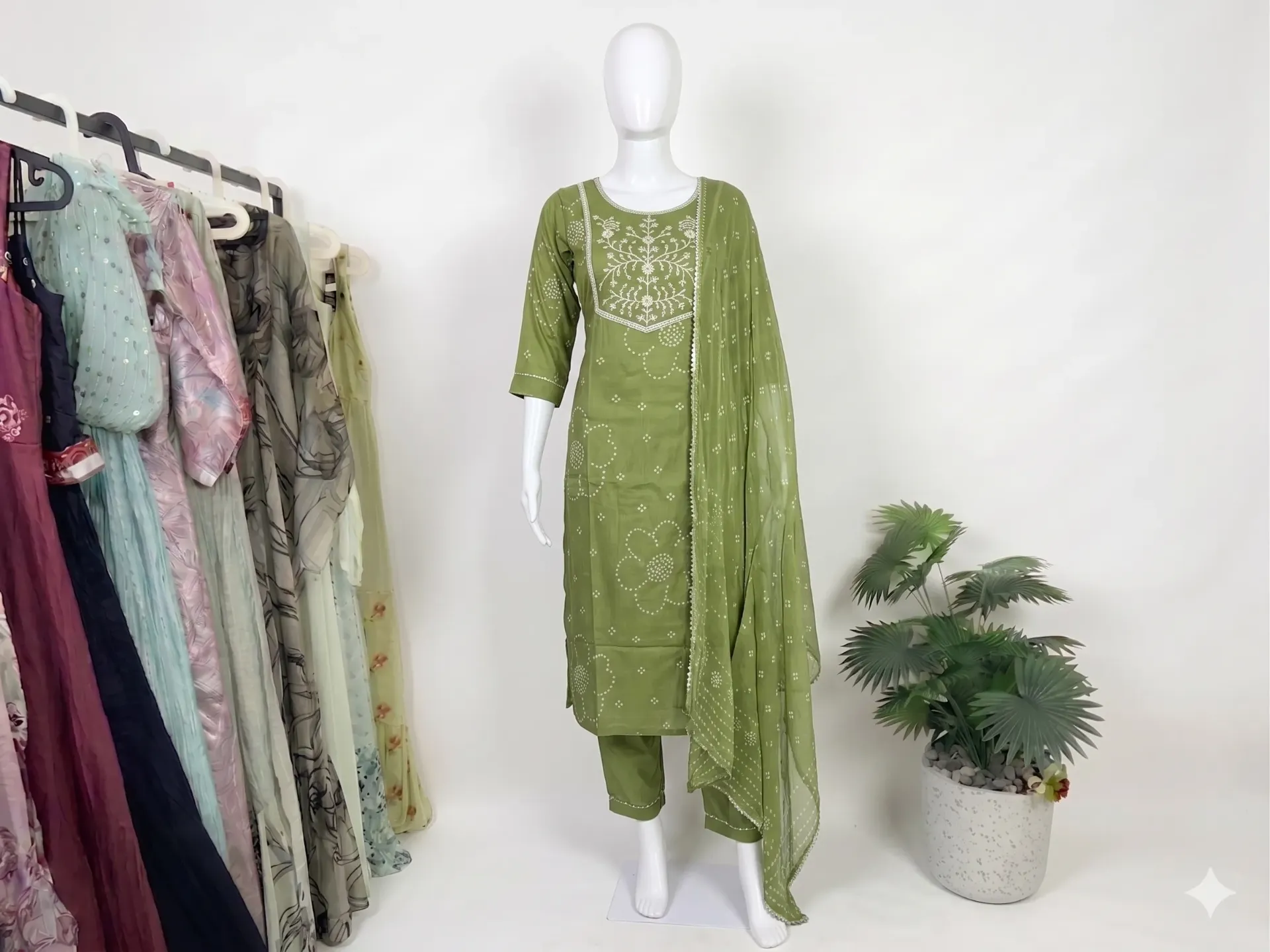 [SKU/BANDHANI/PARROT/002] Elegant Bandhani Set (Parrot green, L)