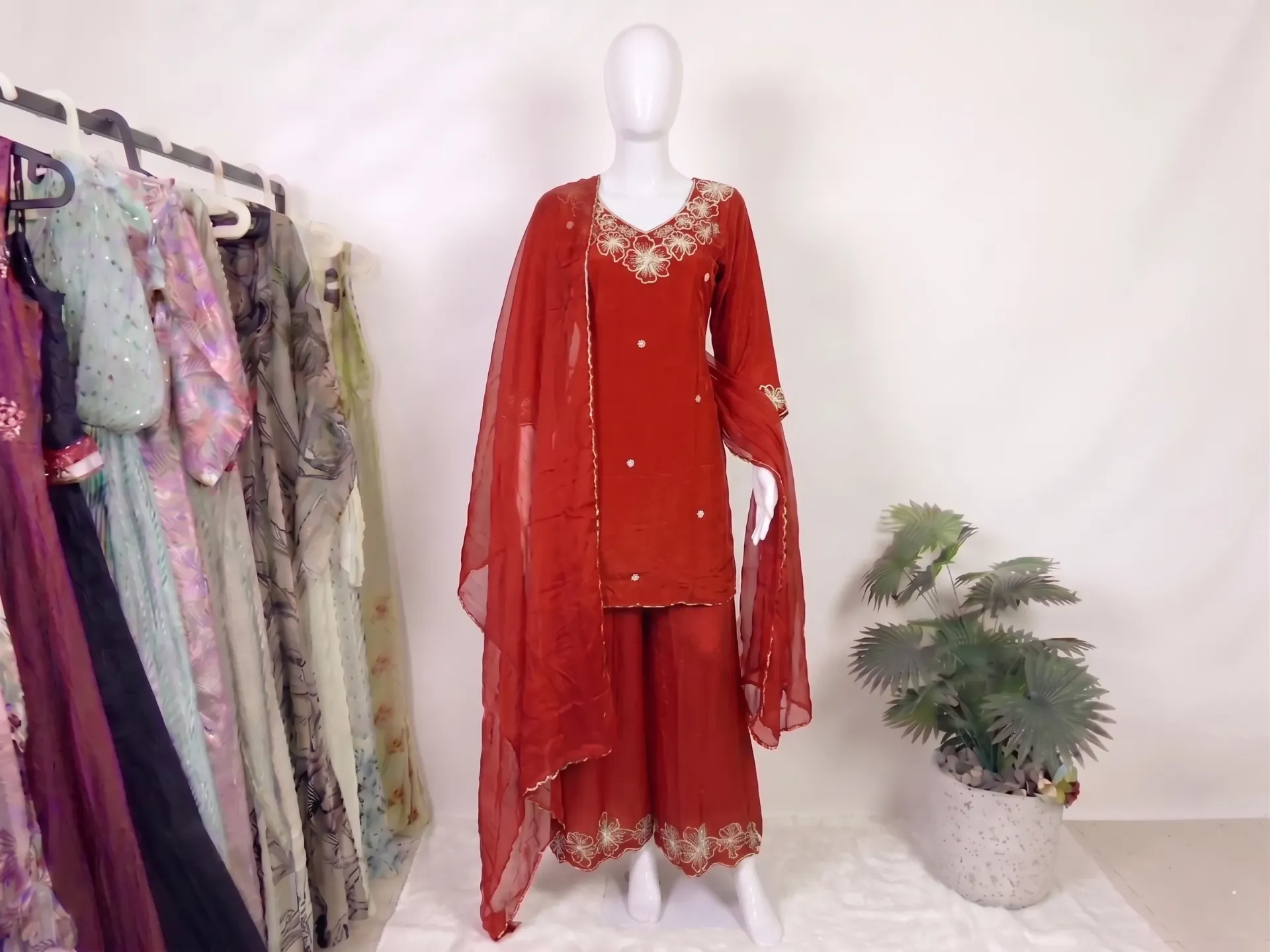 Tomato Red Crepe Handwork Plazo SET
