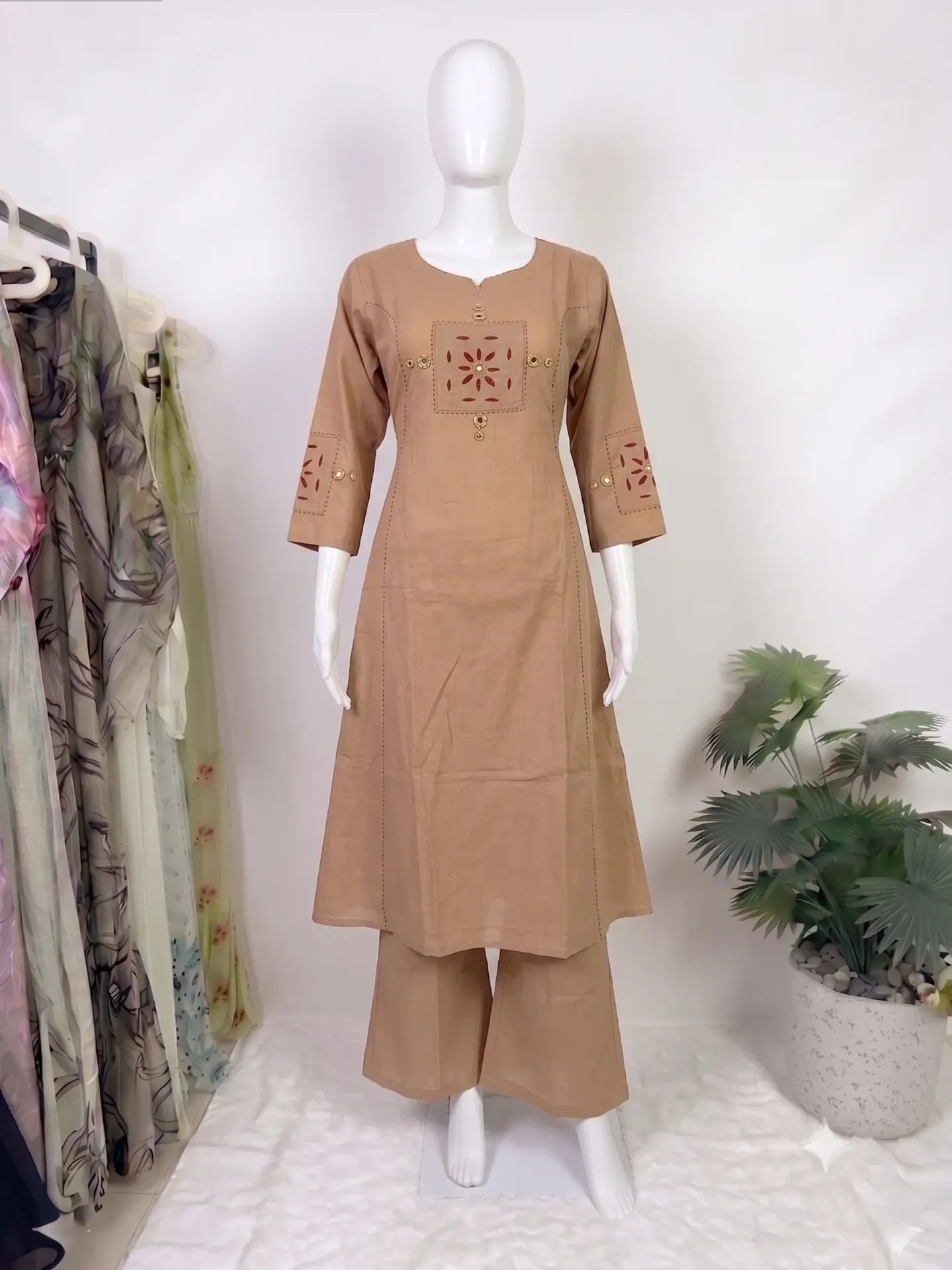 The Beige mirror-thread kurti set