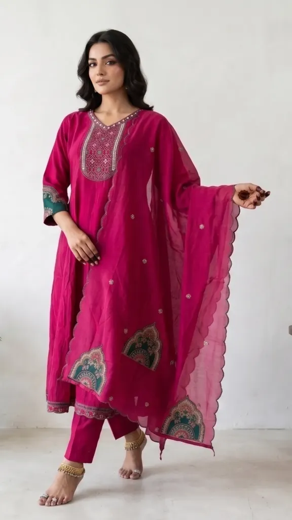 [SKU/MBKS/0002] Magenta Blossom Kurta Set (XL)