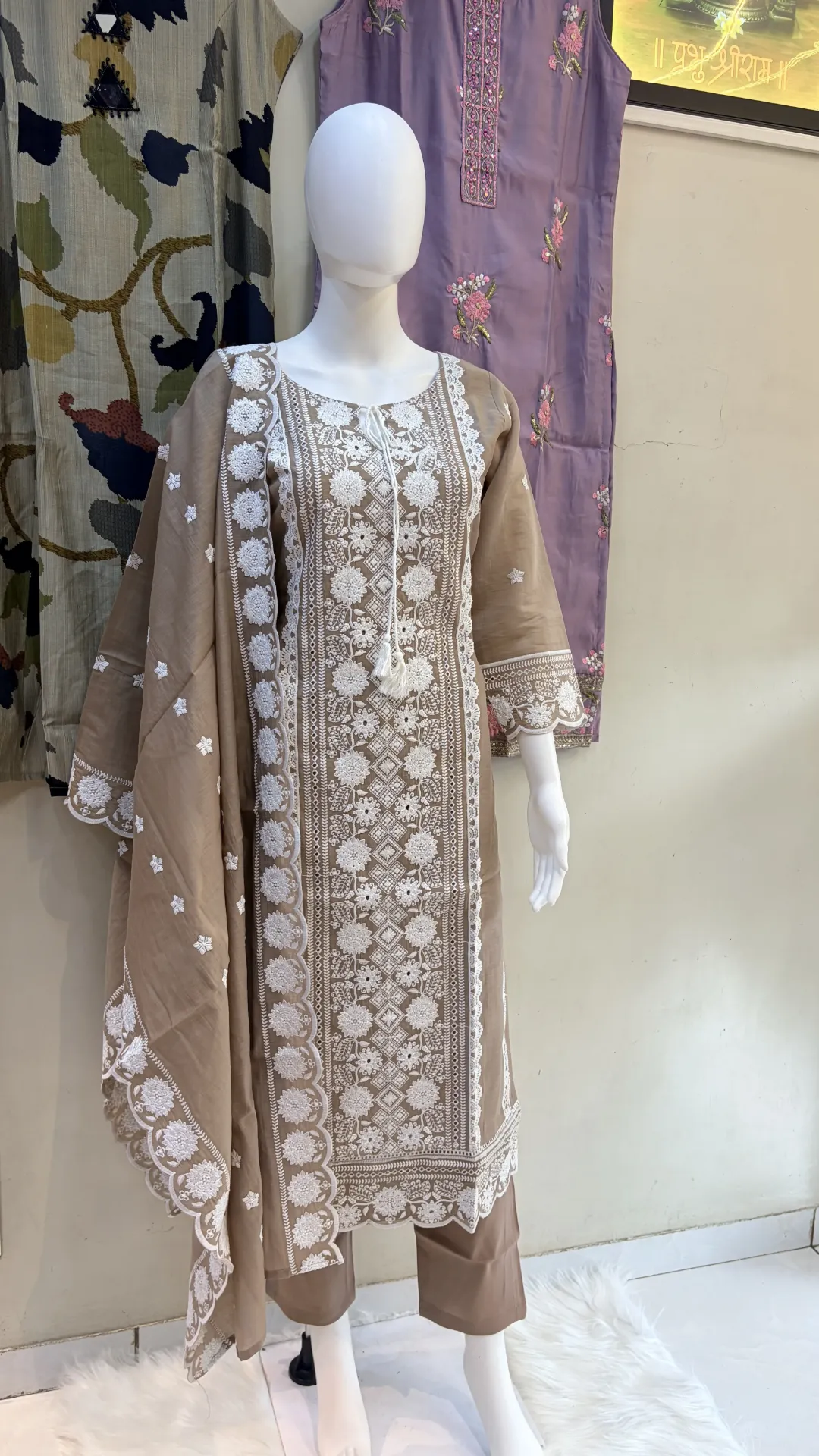 Traditional Chiku White Work Set With Lace Dupatta