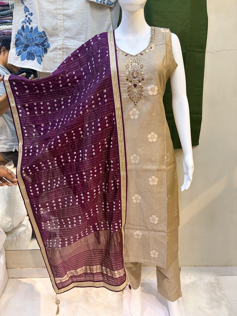 Beige Purple Bandhani Suit Set