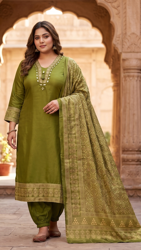 Ghaji Moss Green Dress With Ajrakh Duppata