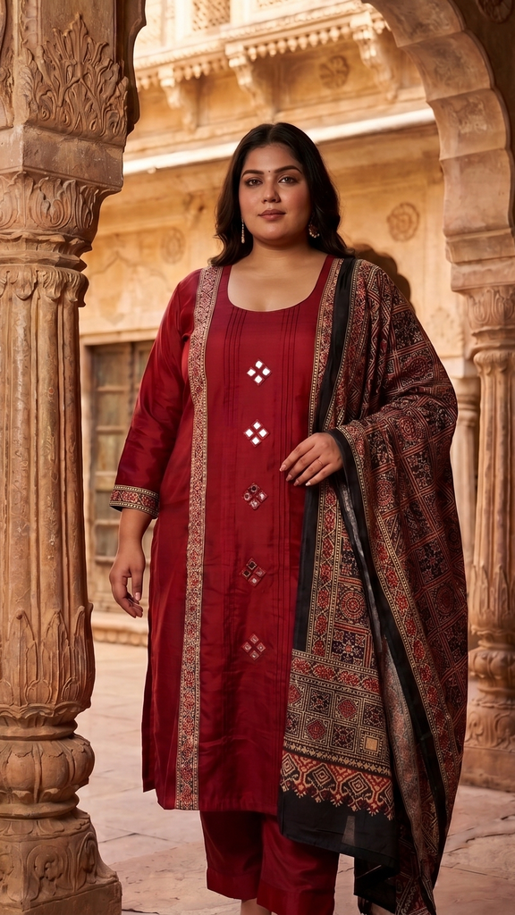 Maroon Ghaji Straight Dress With Ajrakh Duppata