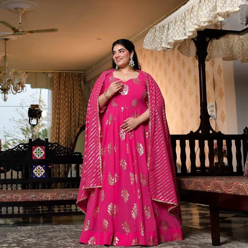 Dilbar - Fuscia Pink Sequin Embroidered Georgette Anarkali Set (XS)